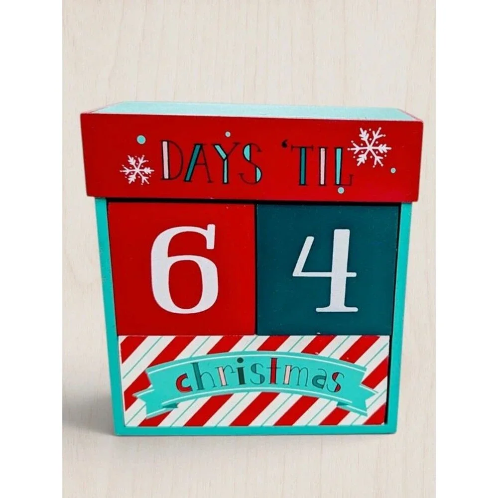 Holiday Home Wooden Christmas Countdown Calendar Block Sign Days Til Xmas Decor